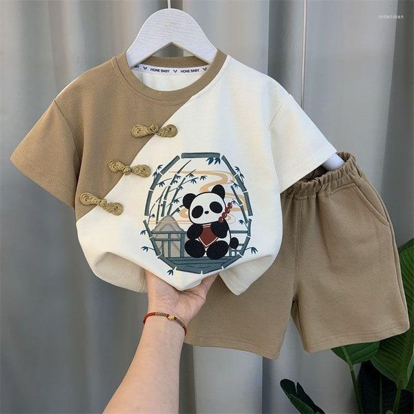 Ropa étnica Kawaii Khaki Red Cuello redondo Botones hechos a mano Panda Print Tang Traje Tops Pantalones Niños Trajes chinos de verano para