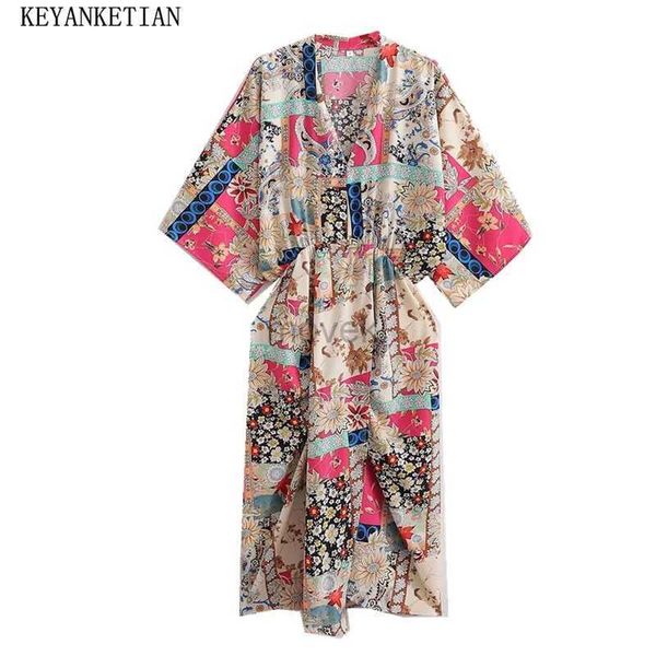 Vêtements ethniques Keyanketian Nouveau lancement National Flower Print Femmes Batwing Robe Hobe Wind Vin en V V Vaise élastique x jupe MIDI D240419