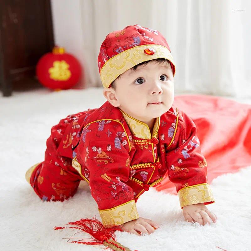 Vêtements ethniques Enfants Bébé Tang Costume Un an Bébés Rouge A-GE Costume ancien Chapeau de voeux de l'année Tops Pantalons Ensemble complet