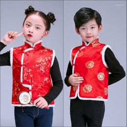 Etnische kleding Kinderen Chinees Traditionele stijl Jaar jongens katoen rood geborduurd Vest Girls Cheongsam Tops Tang Suit