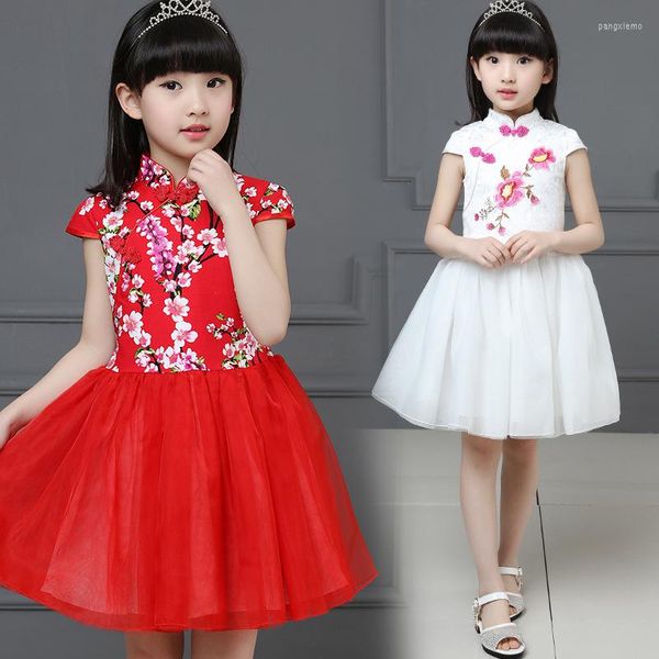 Vêtements ethniques enfants filles robes été rouge Floral bébé fille robe enfants chinois traditionnel Cheongsam Costume pour enfant