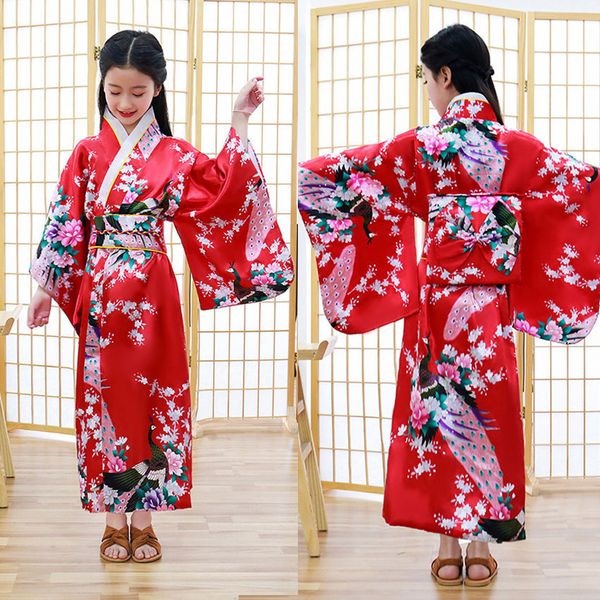 Ropa étnica Niños Niñas Novedad Nacional Japón Kimono Tradicional Yukata Vestido Satén Seda Lujo Oriental Bata de baño con Obi Performance 230331