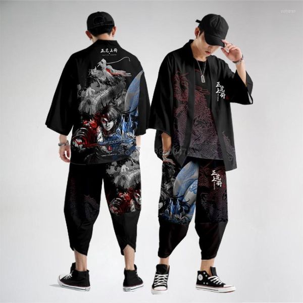 Ropa étnica Kimono Japonés Colores Tradicionales Hombres Asiáticos Masculino 5 Sueltos Manga Corta Top Pantalones Ocio Streetwear Panda Estampado