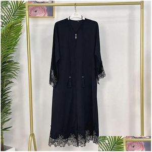 Vêtements ethniques Kimono manches dentelle broderie cardigan robe ouverte fermeture éclair abaya caftan jilbab robe femmes musulmanes vêtements d'extérieur islamiques eid dro dhxf7