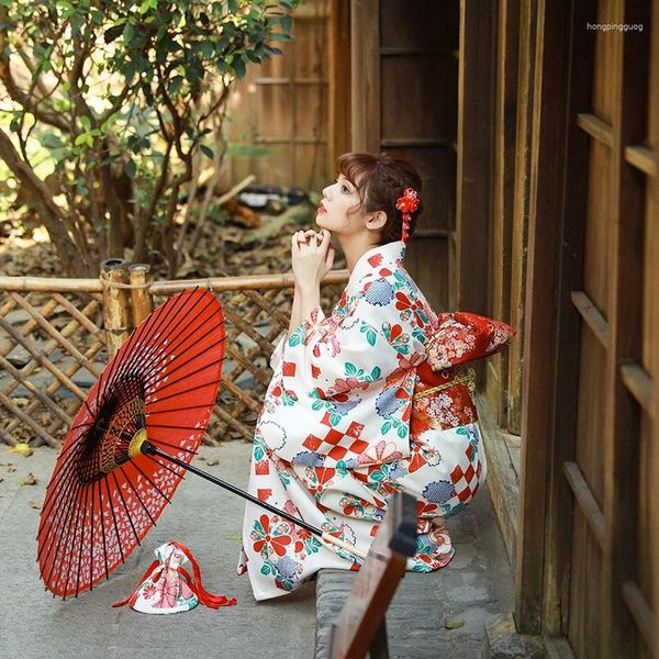 Vêtements ethniques Kimono Femme Japonais Traditionnel Yukata avec Obi Rouge Imprimé Haori Cosplay Stage Show Costume Vintage Asiatique