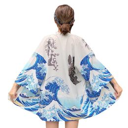 Ropa étnica Kimono Mujer Cárdigan chino Cosplay Camisa Blusa Haori Japonés Yukata Mujer Verano Ropa de playa Bikini Cubrir Traje de baño