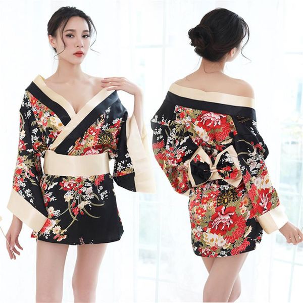 Ropa étnica kimono mujeres vestido estilo japonés sexy yukata con cuello en v estampado floral satén seda fiesta ropa de dormir bata de baño traje de geisha