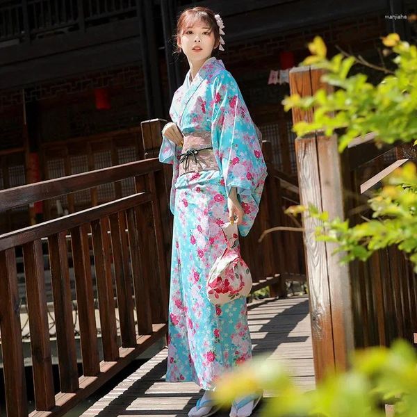 Vêtements ethniques Kimonos pour femmes Japonais Traditionnel Peignoir Robe Bleu Impression Pographie Cosplay Geisha Asiatique Streetwear Mode