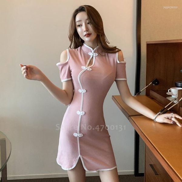 Ropa étnica coreana elegante vestido de novia de longitud media femenino chino tradicional Retro Cheongsam Delgado Club fiesta Sexy Ti