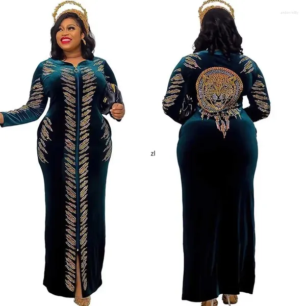 Ropa étnica Terciopelo coreano Diamante Africano para mujeres Moda Musulmán Abaya Slim Manga larga Maxi Fiesta Vestido de noche Robe 2023