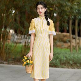 Etnische Kleding Kant Borduurwerk Korte Mouw Casual Cheongsam Chinese Stand Kraag Vrouwen Qipao Elegante Slit Big Size Party Prom Dress
