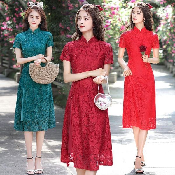 Ropa étnica de encaje de longitud media Cheongsam diario 2023 verano mejorado Aodai Qipao Retro adelgazante de talla grande vestido de fiesta chino para mujeres