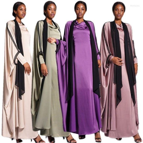 Vêtements ethniques Dentelle Satin Manches Chauve-Souris Ouvert Avant Abaya Jilbab Élégant Dubai Womens Party Cardigan Maxi Robe Turquie Femme Robe Lâche Kaftan