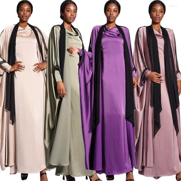 Vêtements ethniques dentelle Satin Open Kimono Abaya Musulman Women Cardigan Maxi Robe Eid Ramadan Islamic Arab Robe Africa Dubai Kaftan Party