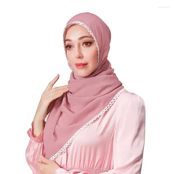 Ropa étnica Bufanda de encaje Hijabs de gasa con bordes de flores de tamaño largo blanco Hijab Mantón musulmán Islámico Árabe Wrap Head Bufandas