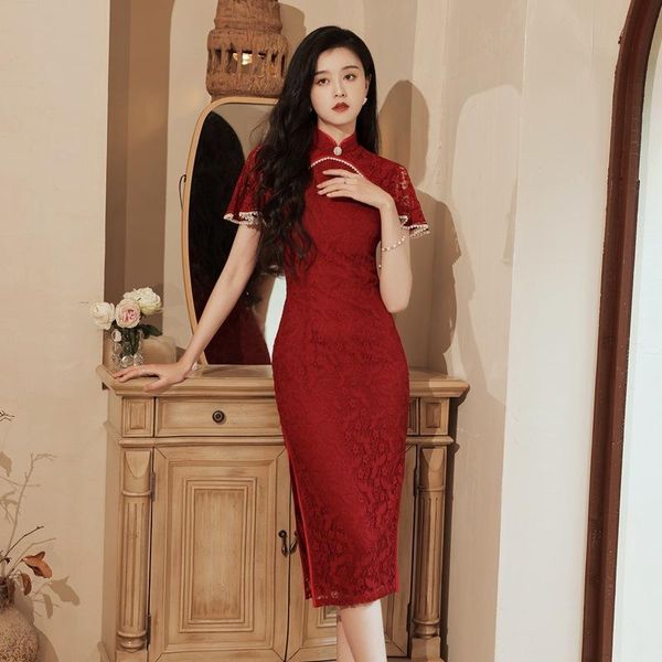 Vêtements ethniques Dentelle À Manches Courtes Qipao Femmes Sexy Vintage Bouton Cheongsams Plus La Taille Mi Longueur Robe Chinoise Bourgogne Robe De Bal De Mariée