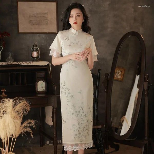 Vêtements ethniques Manches en dentelle Cheongsam Vintage Style chinois Mandarin Col Robe Femmes Printemps Été Qipao Banquet Robe Robe S-3XL