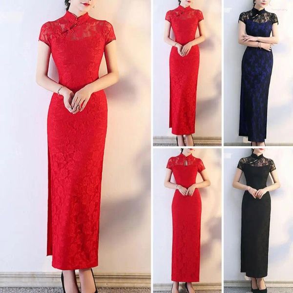 Vêtements ethniques dames cheongsam robe dentelle à manches courtes élégante vintage chinois maxi avec collier côté collier divisé les femmes