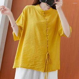 Vêtements ethniques Dames Chinois Tops 2024 Été Cheongsam Top Lin Rétro Boutons Obliques Asymétrique T-shirt Style Femmes 11619