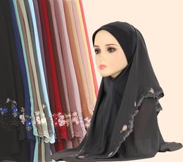 Ropa étnica Damas Cabeza Bufanda Malaya Bordado Sobre Doble Capa Gasa Cristal Lino Bordado Sombrero Multi Tamaño Hijabs