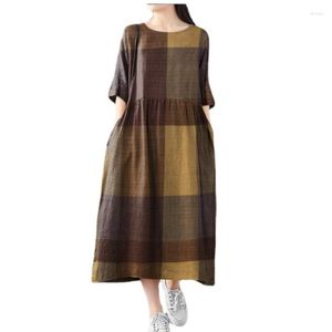 Vêtements ethniques Dames Simple Lâche Plaid Tempérament Élégant Robe Musulmane Col Rond Coton Lin Tissu Casual Robe Confortable Été 4XL