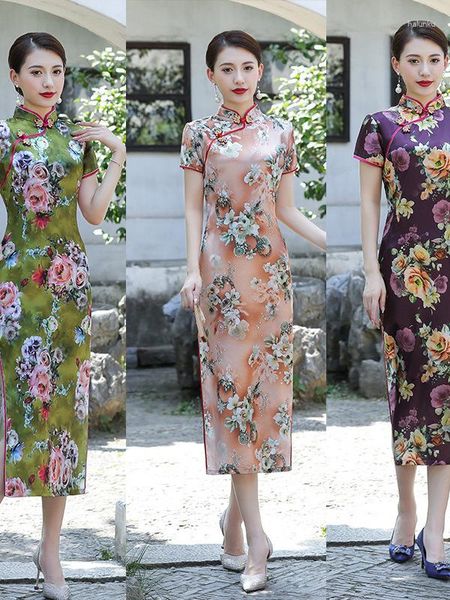 Vêtements ethniques Dames Printemps Cheongsam Long Sexy Slim Imprimé À Manches Courtes Rétro Chinois Col Montant Robe De Soirée De Mariage Qipao