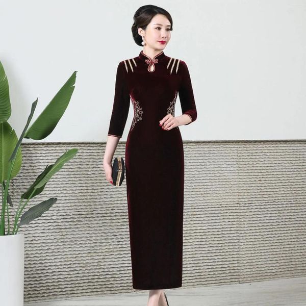 Vêtements ethniques Lady Velvet Long Qipao Elegant Classic Mandarin Collier chinois Chine