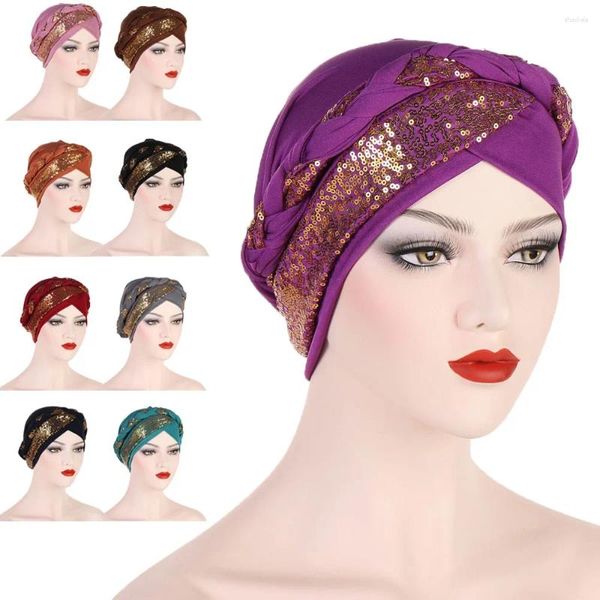 Ropa étnica Dama Mujeres Cáncer Sombrero Lentejuelas Chemo Cap Musulmán Trenza Cabeza Bufanda Turban Wrap Cubierta Ramadán Pérdida de cabello Sombreros islámicos Árabe