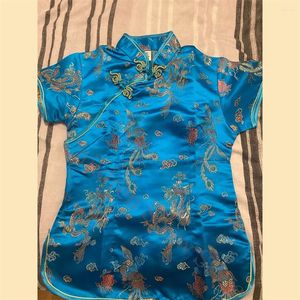 Etnische kleding Lake Blue Tang Dessen Lady Slim Qipao Tops Vintage Mandarijn Collar Shirt Chinese stijl Kostuum Oversized Blouse Satin