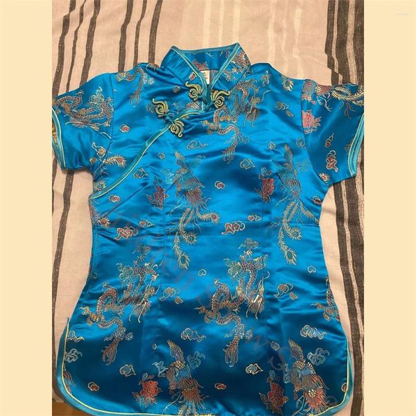 Ropa étnica el lago azul tang ropa dama delgada qipao tops camisa de cuello mandarín vintage de estilo chino blusa de gran tamaño satén