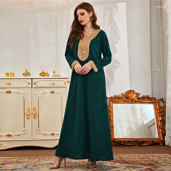 Ropa étnica Lates cuello redondo manga larga moda verde Color sólido lentejuelas costura musulmán Ramadán bata mujer falda