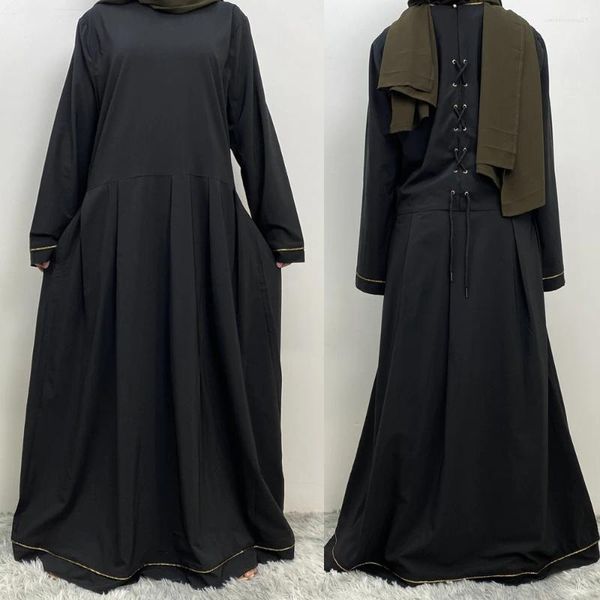 Ropa étnica Último vestido negro para mujeres musulmanas Robe Femme Abaya 2024 Elegante Lace Up Back Interior Musulman Emsembles