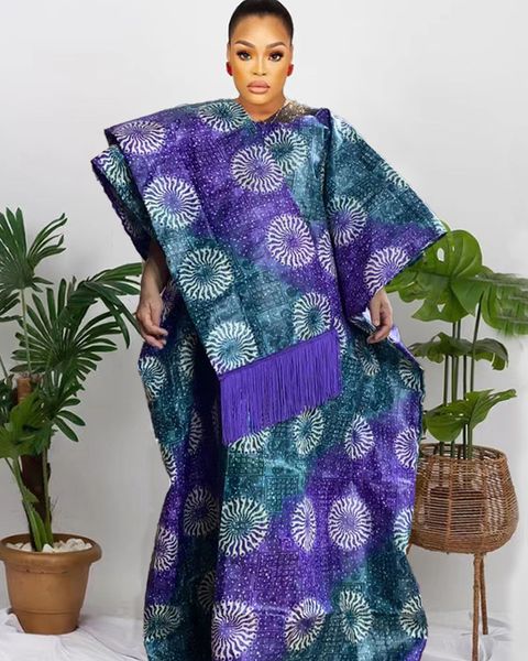 Vêtements ethniques dernier Style violet Bazin Riche longues robes pour femmes africaines fête de mariage Femme Dashiki Robe avec châle 230227