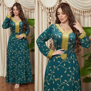 Vêtements ethniques Feuille Plante Broderie Paillettes Robe avec ceinture Modeste Femmes musulmanes Abaya Robe en dentelle dorée Col V Manches longues Caftan Eid Islam