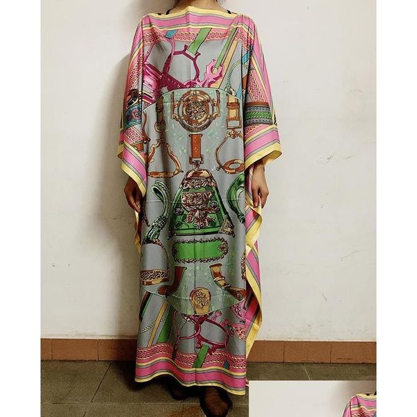 Vêtements Ethniques Longueur 130 Cm Buste 130 Cm Élégant Imprimé Soie Caftan Lady Robes Style Lâche Dashiki Femmes Musulmanes Africaines Longue Goutte Dhkqc