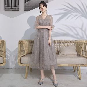 Vêtements Ethniques Marron Clair Maille Qipao Paillettes Perspective Lanterne Manches Cheongsam Col En V Sexy Robe De Soirée Plissée Robe Fée Vesti