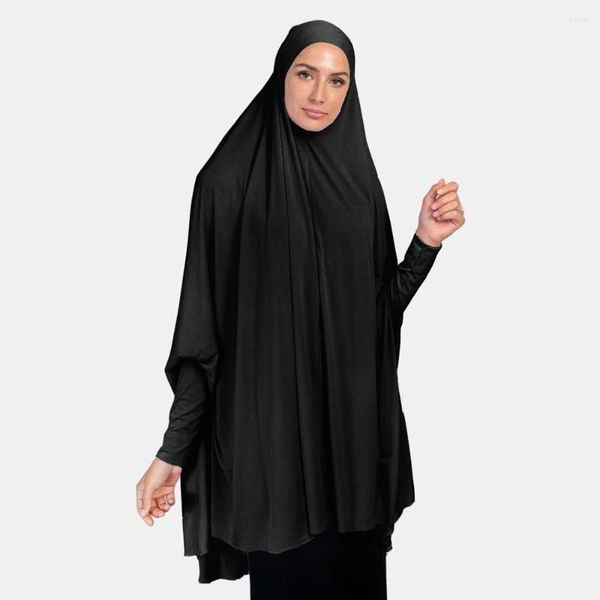 Ropa étnica Larga Hijab Cap Alto Elástico Islámico Musulmán Moda Oración Ropa para Mujeres Negro