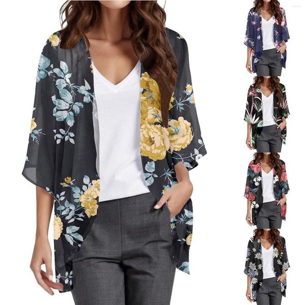 Vêtements ethniques Cardigans longs ouverts pour femmes Femmes Imprimé floral Manches bouffantes Cardigan en mousseline de soie Couverture lâche Blouse décontractée Tops X Large