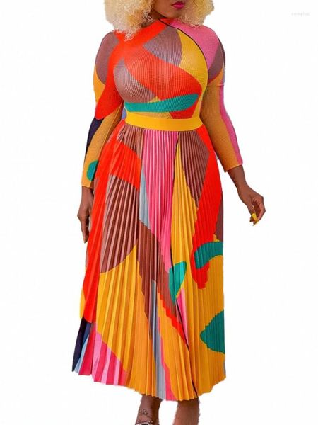 Vêtements ethniques Jupe longue Deux pièces Afrique pour femmes Ensembles assortis Haut à manches imprimées d'automne et costume plissé Ensemble de fête 2 pièces