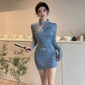 Ropa étnica Manga larga Cheongsam Impresión Hoja de bambú Qipao Sexy Slim Estilo chino Vestido Vestido Corto Mejorado Vestidos Mujer Elegante