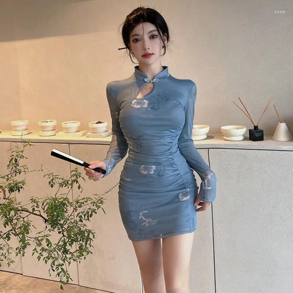 Ropa étnica Manga larga Cheongsam Impresión Hoja de bambú Qipao Sexy Slim Estilo chino Vestido Vestido Corto Mejorado Vestidos Mujer Elegante