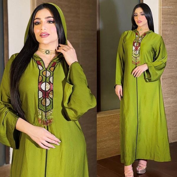 Ropa étnica Vestido de Kaftan de manga larga Marroquí con capucha Robe Femme 2023 Musulmán Abayas Turco Pakistán Dubai Vestidos de noche con cuentas