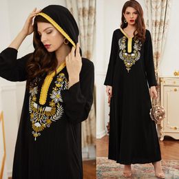 Vêtements ethniques à manches longues Robe musulmane Robe broderie noir à capuche rétro Abaya fête pull couture Maxi Caftan