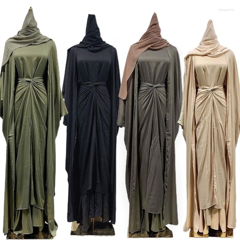 Ethnic Clothing Long Sleeve Muslim Dress Abaya Open Robe Headscarf Set Solid Color Evening Gown