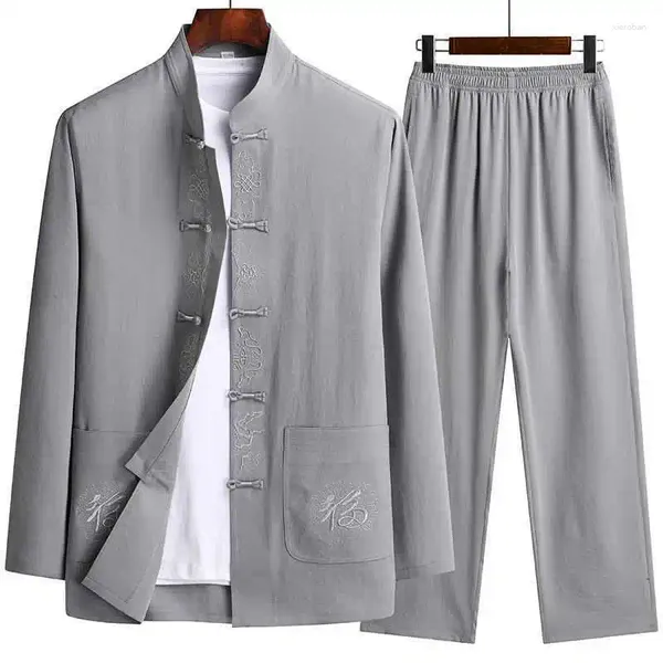 Ropa étnica Traje Tang de manga larga para hombres Tai Chi Entrenamiento de artes marciales Tradicional Chino Hanfu Otoño Deportes masculinos