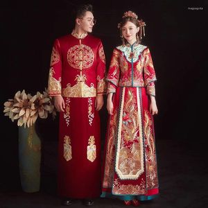 Etnische kledingliefhebbers trouwjurk kostuum Phoenix borduurwerk Cheongsam Chinese stijl huwelijk Set bruid Toast maat S-2XL