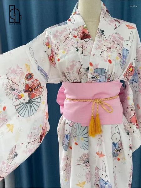 Ropa étnica Luck A Peach Blossom Wish Yukata Set Lindo verano Albornoz Cosplay con cinturón Arco Colores rosa / rojo / azul