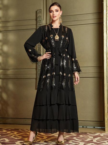Ropa étnica Luxry Abaya Set para mujeres Lentejuelas de plumas Bordado Vestidos de noche árabes 2 piezas Musulmán Dubai Marroquí Caftan Negro