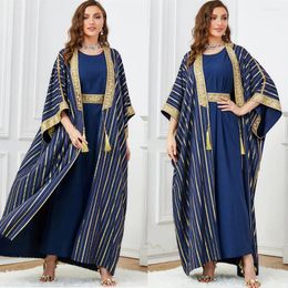 Etnische kleding Luxe Caftan Marocain Femme Evening 2 -stukje Abaya Set Jalabiya Woman Blue Stripe Sequins Dress Robe Robe Afrikano