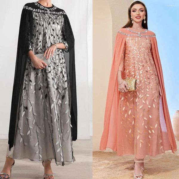 Vêtements ethniques Luxe Dubaï Marocain Kaftan Noir Rose Robe de soirée arabe avec manches cape strass paillettes femmes musulmanes fête de mariage